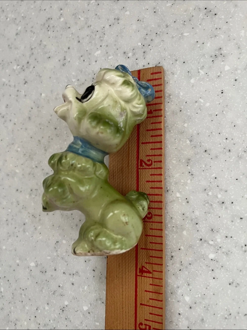 Anthropomorphic Ceramic POODLE Big Eyes Blue Bow Vtg Kitsch 50s Dog Figurine